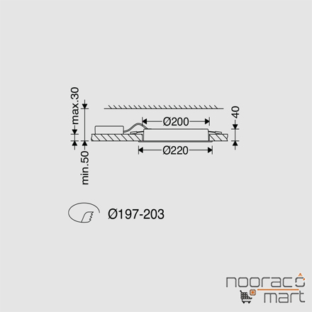 ابعاد چراغ توکار گرد آریانا 35 وات دهانه 20cm با دیفیوزر شیری ساتن مازی نور